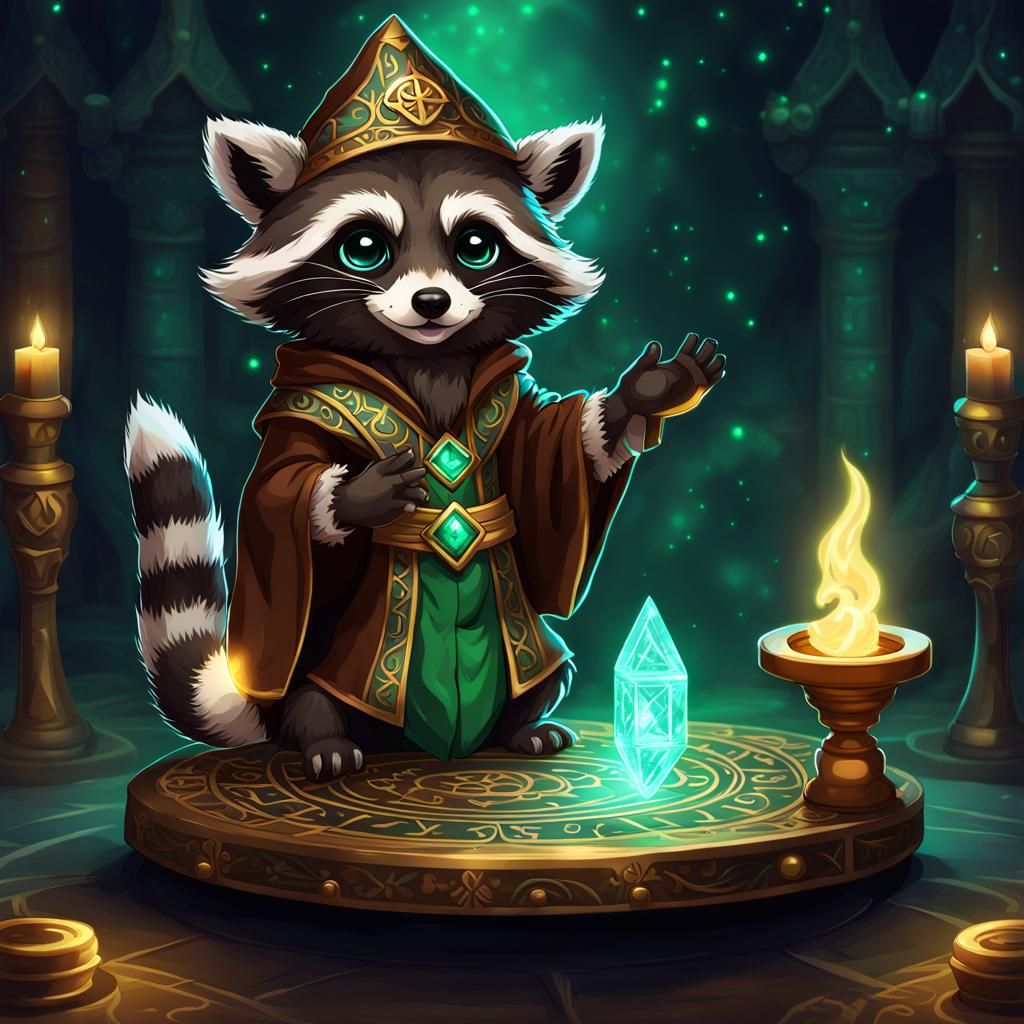 Chibi Raccoon Wizard Casting Emerald Spells
