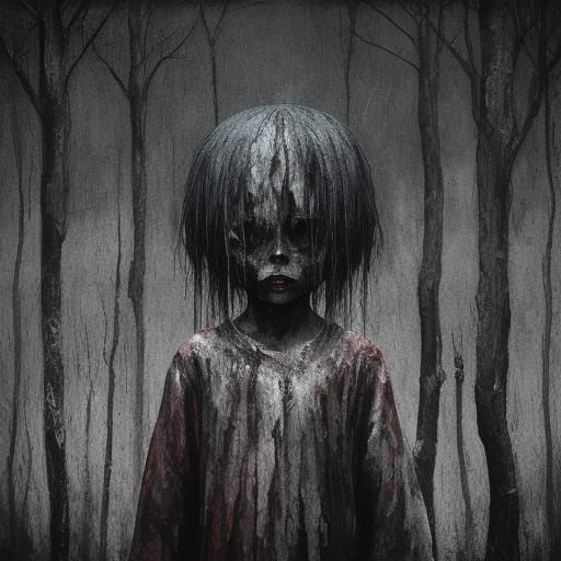 Dark Surreal Horror Scene with a Frightened Child