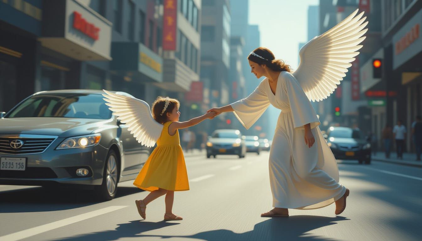 Angel Rescues Child from Speeding Car in Photorealistic Styl...