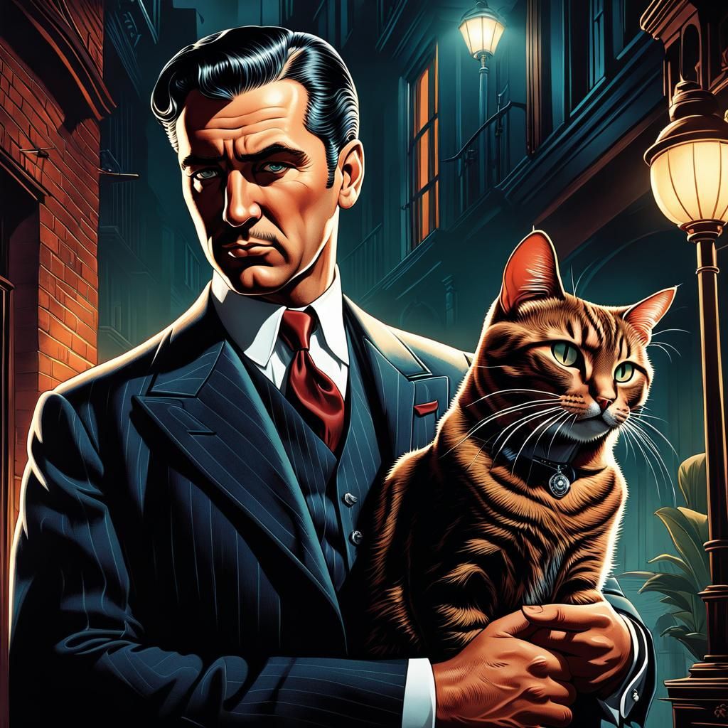 Mafioso and Cat in Retro Cartoon Style
