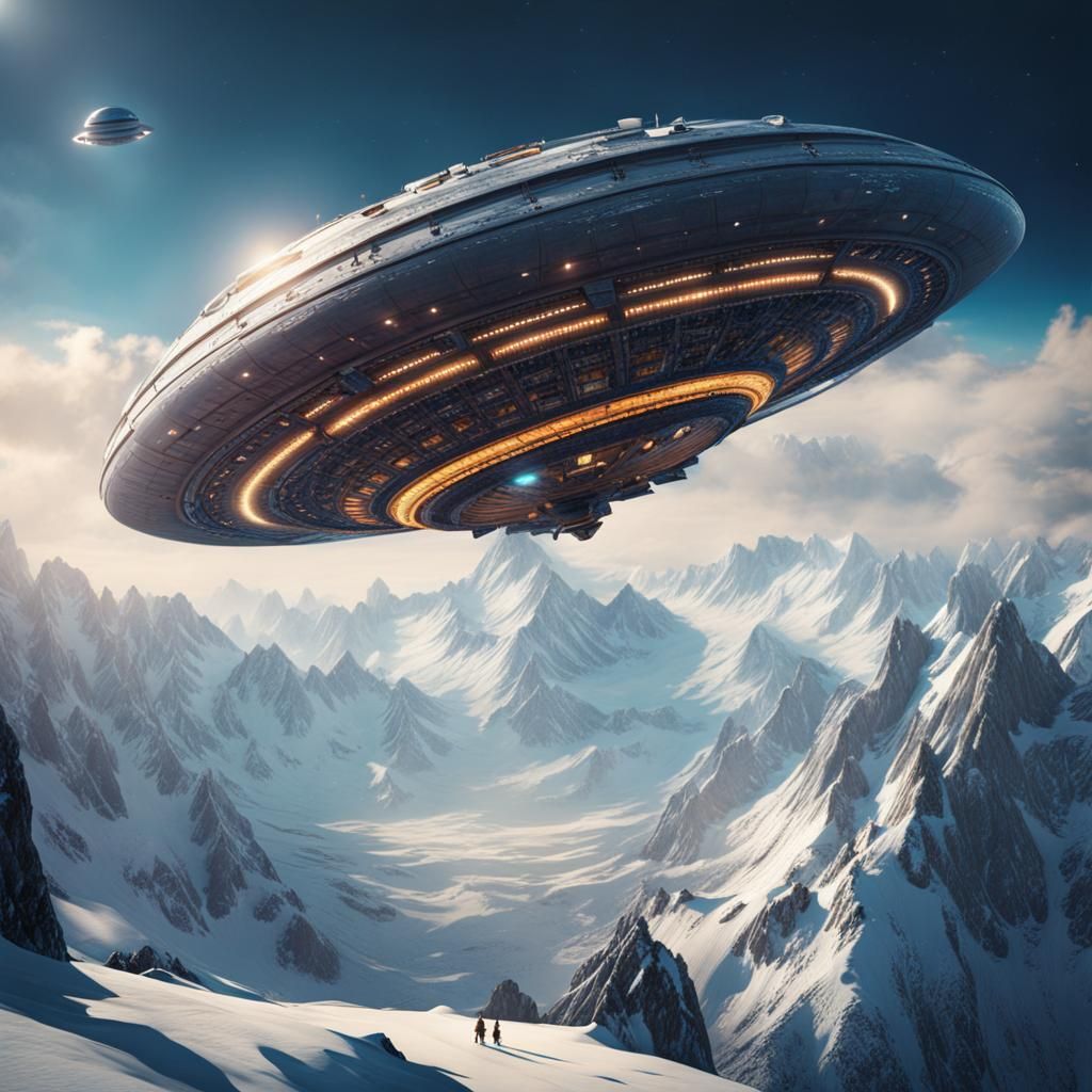 Retro Photo of Spaceship over Snowy Mountains