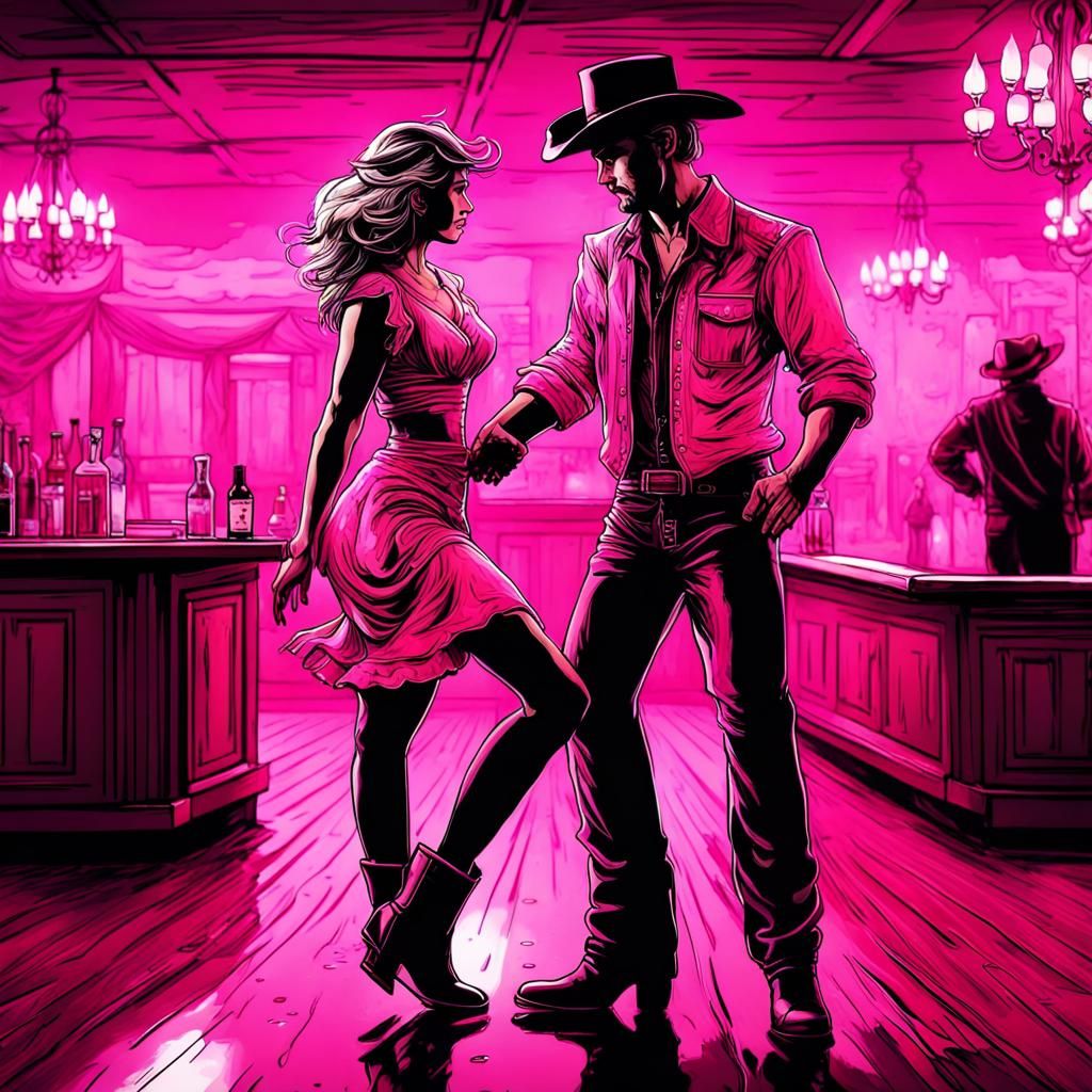 Country Couple Two-Stepping in Pink Ink Splash Art