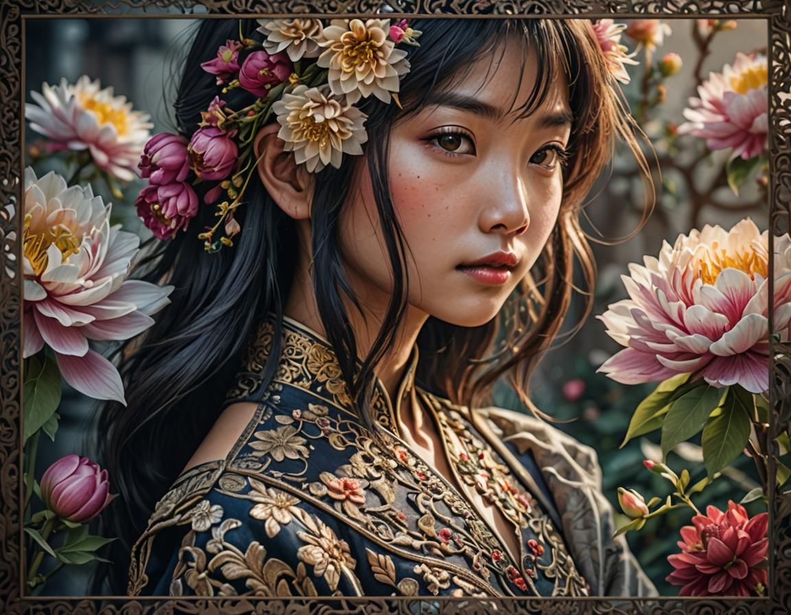 Asian Portrait with Flowers in Hyperrealistic Style
