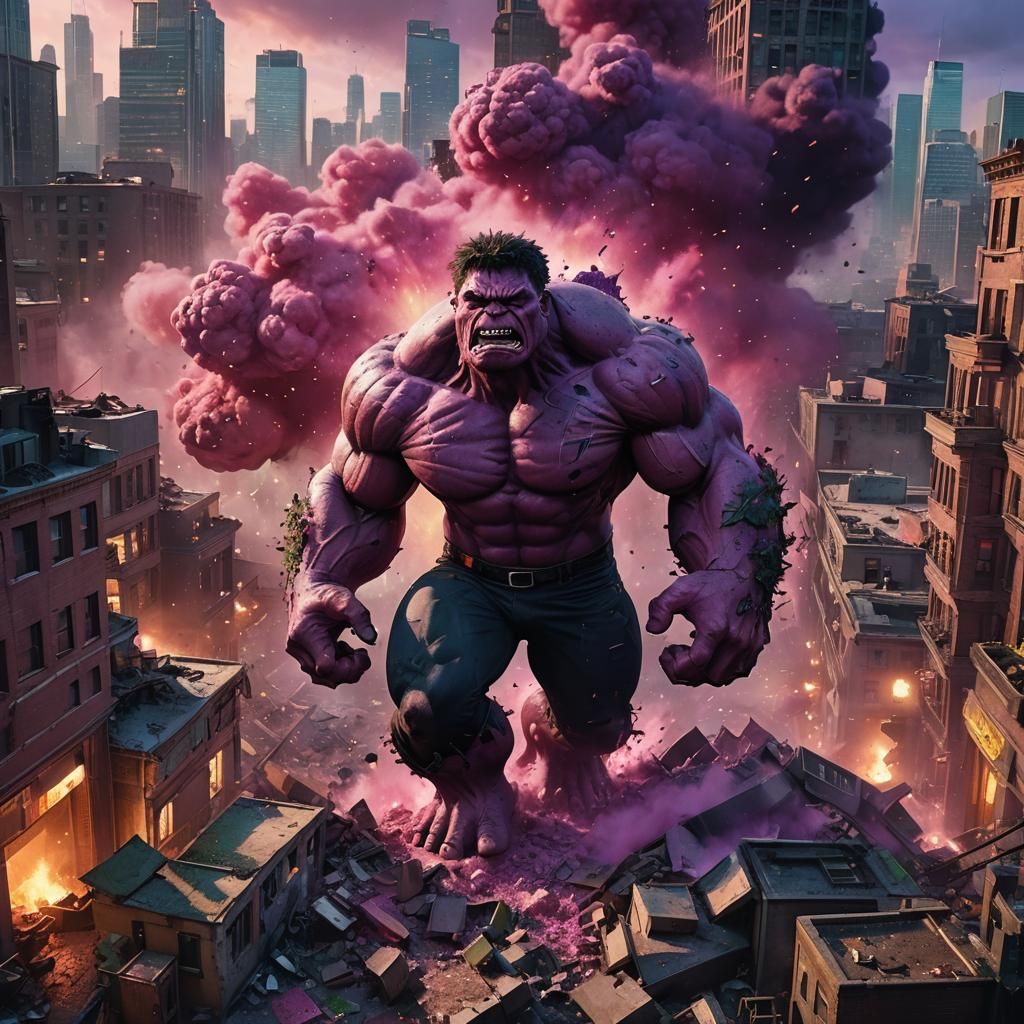 Pink Hulk's City Rampage: Epic Fantasy Art