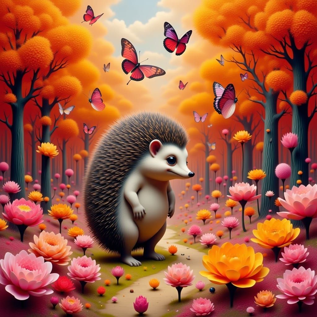 Vibrant Surrealist Scene with Hybrid Creature in Orange Hued...
