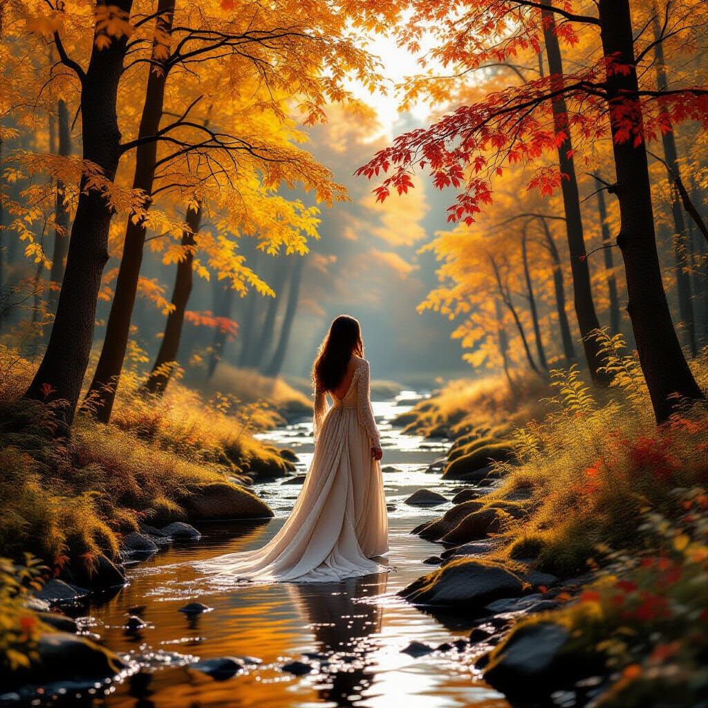 Elegant Woman in Autumn Landscape in Hyperrealism Style