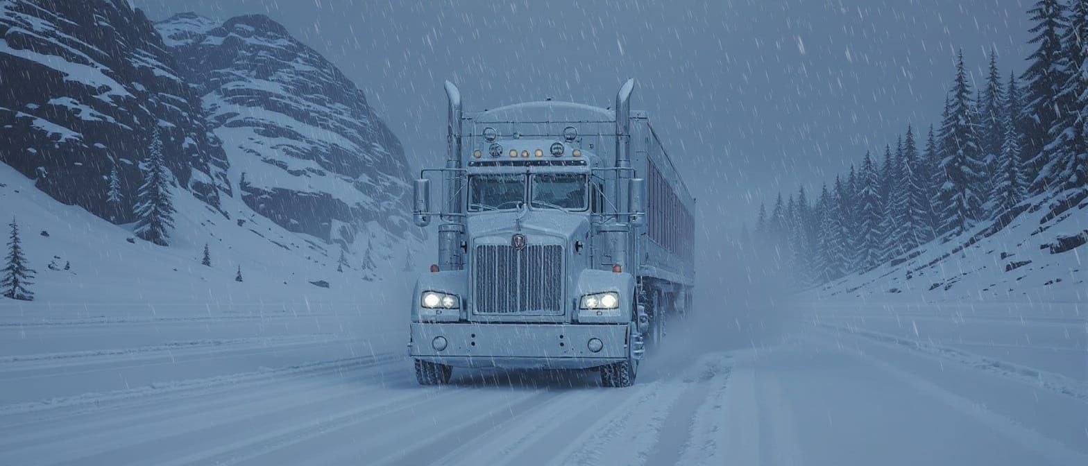 Kenworth W900 Truck Navigates Winter Mountain Storm