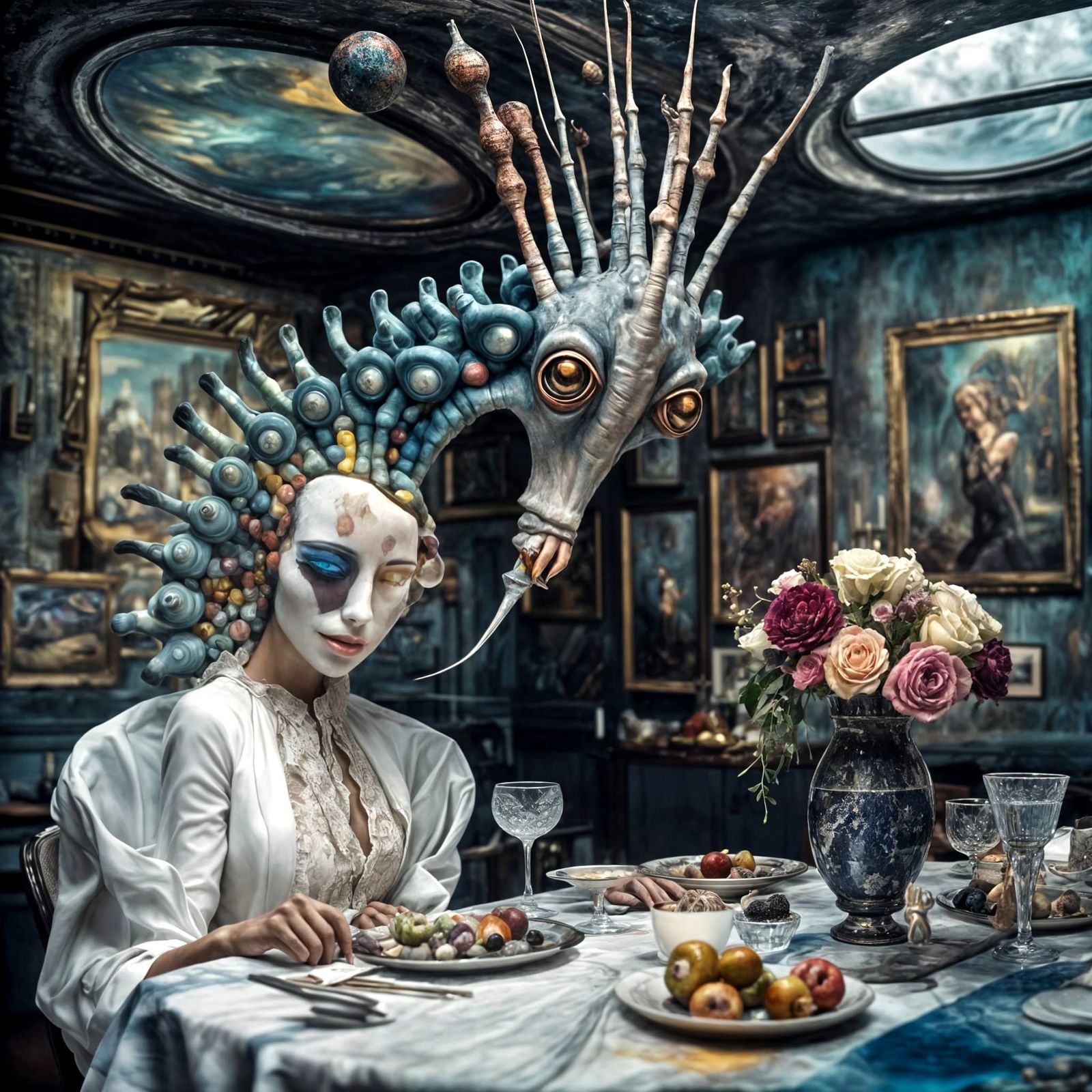 Alien at Table in Polychromatic Abstract Style