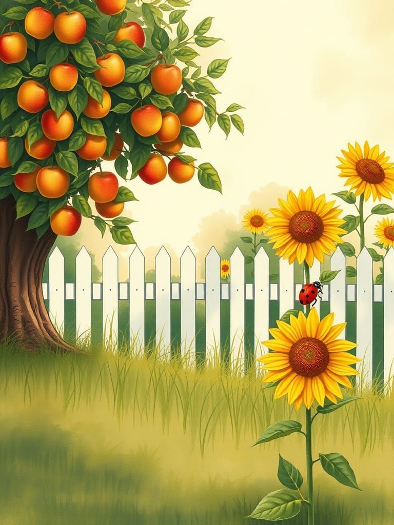 Whimsical Vintage Garden Scene with Apple Tree and Sunflower...