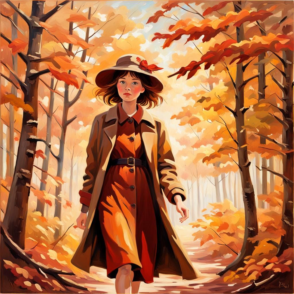 Autumnal Woman in Forest: Impressionist Oil Painting