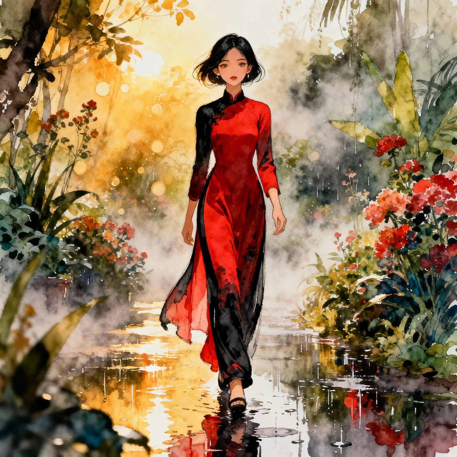 Ethereal Botanical Garden Scene with Girl in Ao Dai