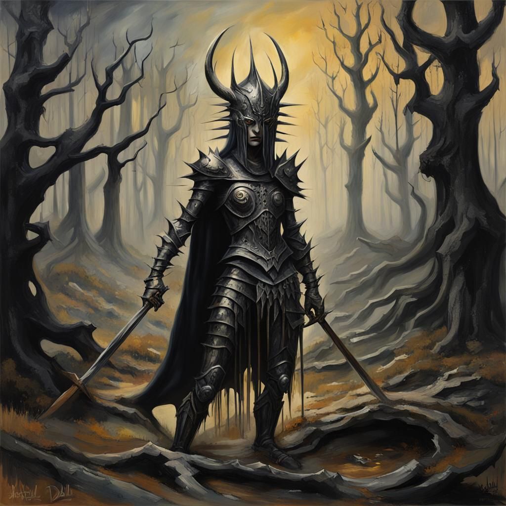 Dark elf female warrior, black evil armour with spikes, loin...