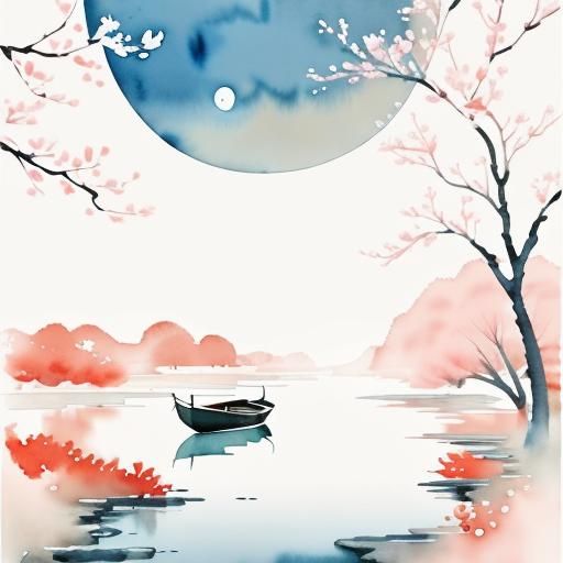 Lunar New Year River Scene in Watercolor Style
