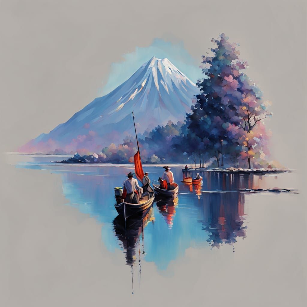 Neo-Impressionist Japanese Market Scene with Mount Fuji