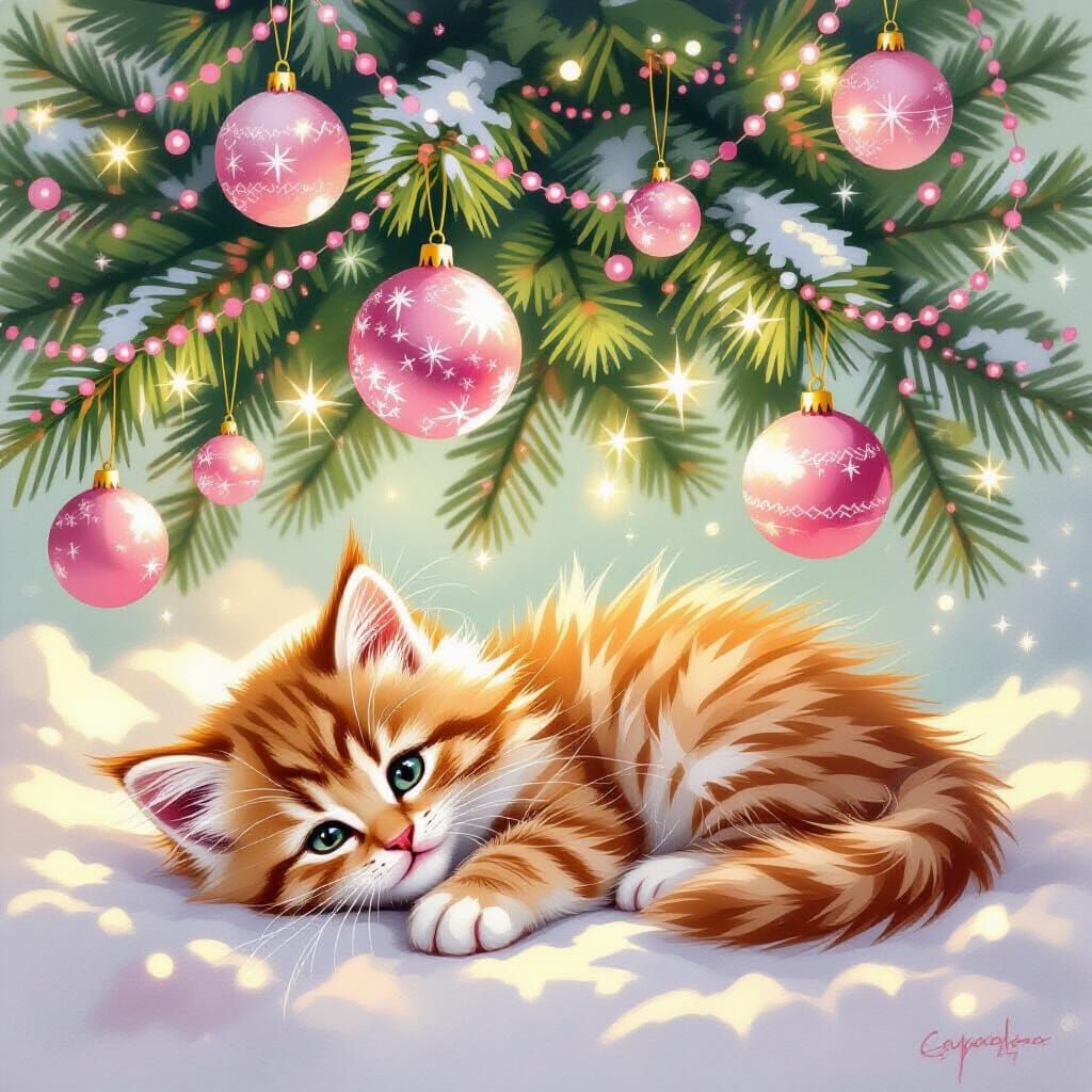 Fluffy Red Kitten Under Pink Decorated Christmas Tree