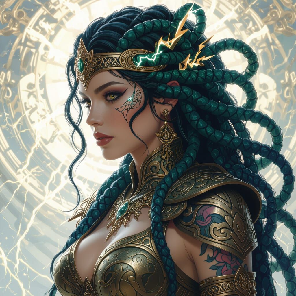 Medusa Tattoo Design with Gods in Dark Fantasy Style