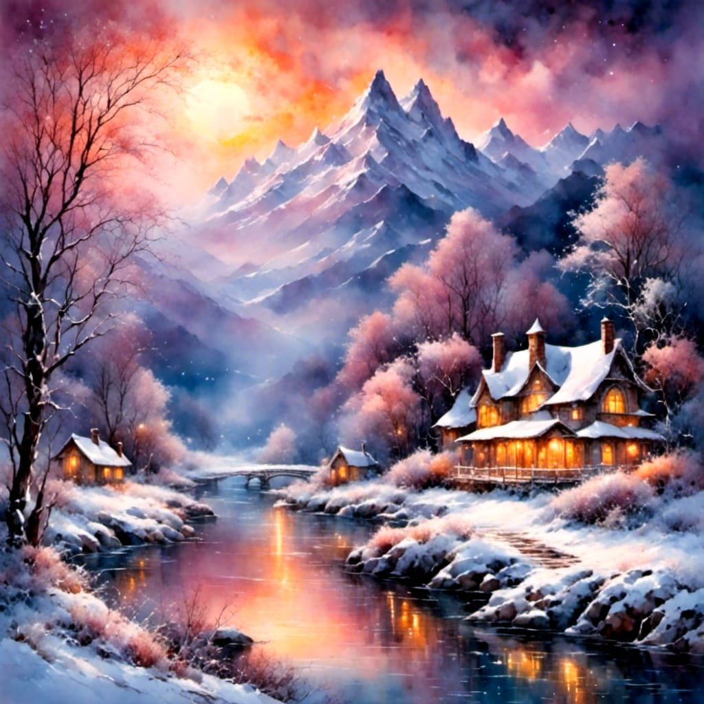 Moonlit Winter Riverscape: A Watercolor Reflection