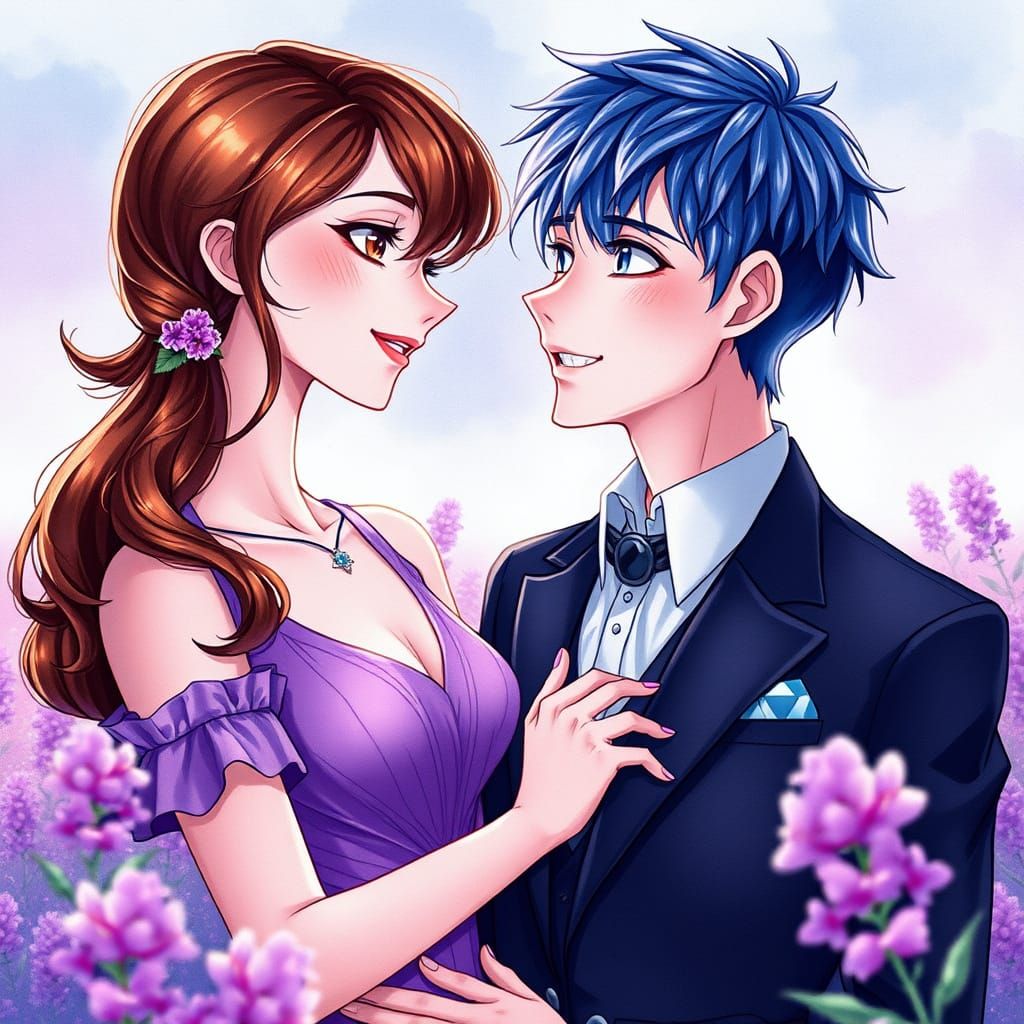 Elegant Couple in a Whimsical Watercolor Setting