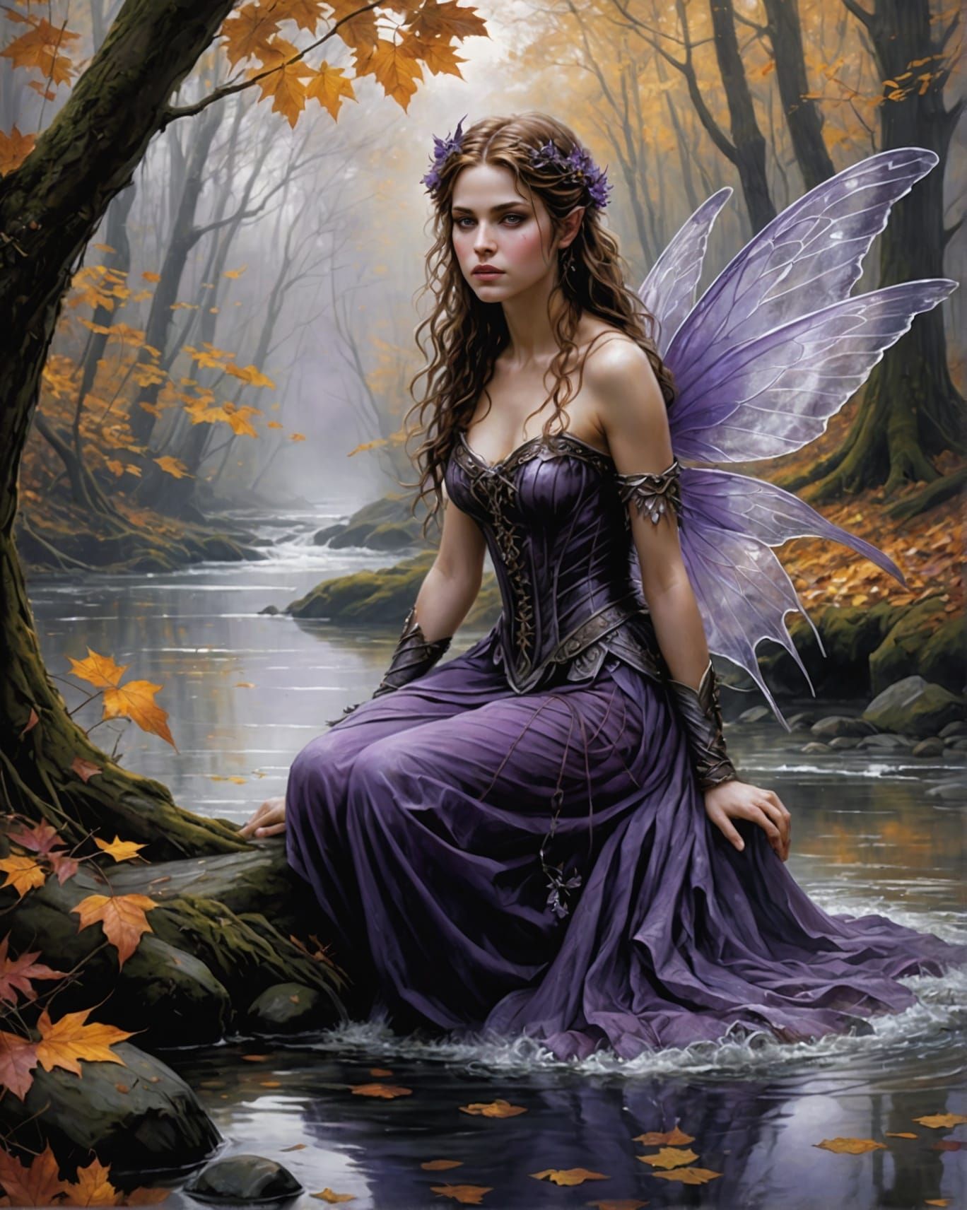 Detailed Fairy with Purple Wings by Water's Edge