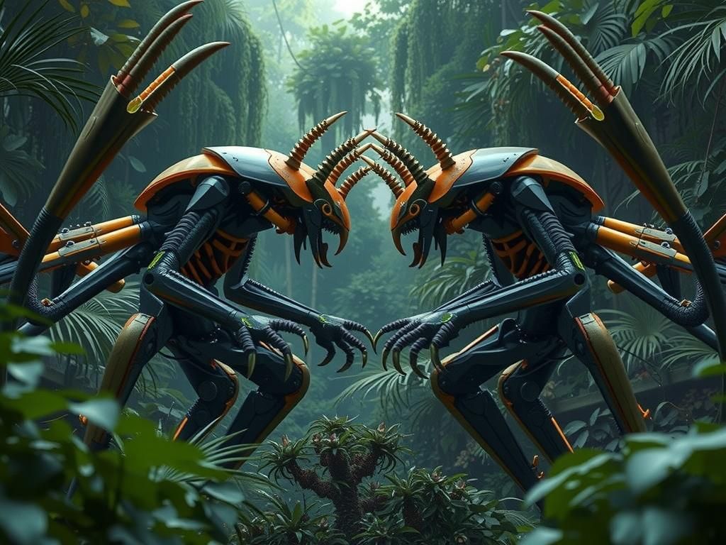 Vivid Biomechanical Battle Creatures in Lush Jungle