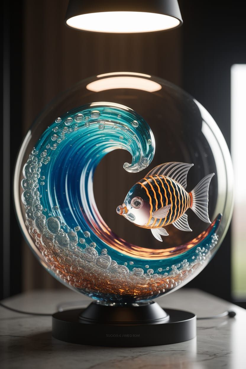 Hand-Blown Murano Glass Sculpture with Colorful Fish
