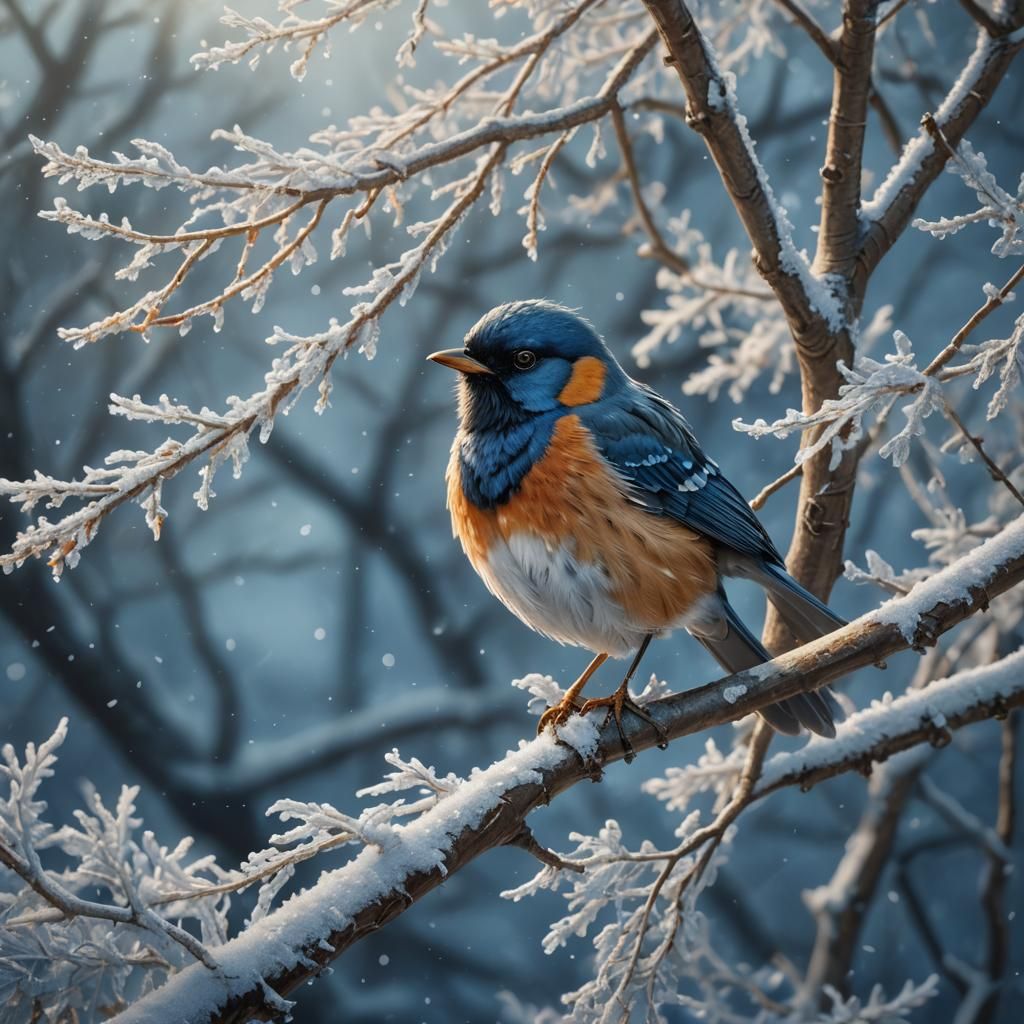 Winter Bird on Tree Branch, Fantasy Concept Art