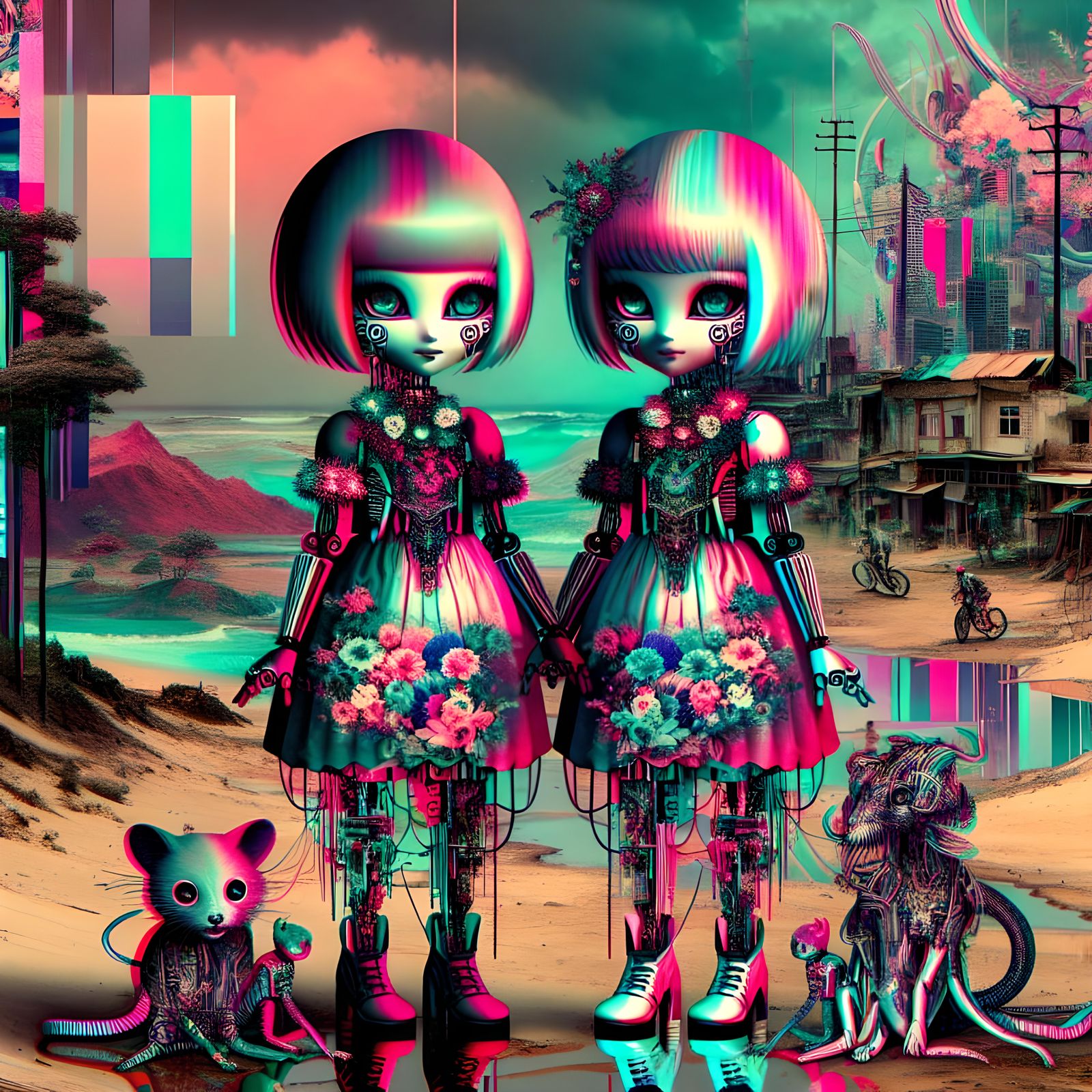 Gothic Retropunk Twin Puppet Girls in Wasteland