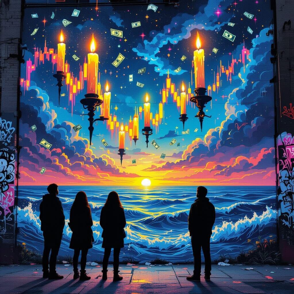 Graffiti Mural of Candlestick Charts in Stormy Seas