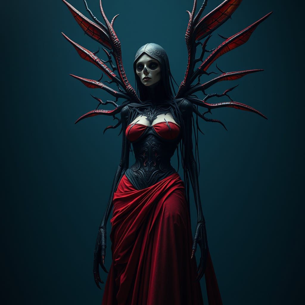 Gothic Female Death Angel in Red and Black