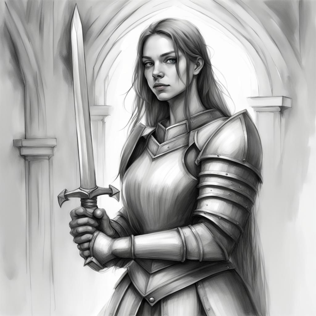 Medieval Female Knight in Minimalist Pencil Sketch