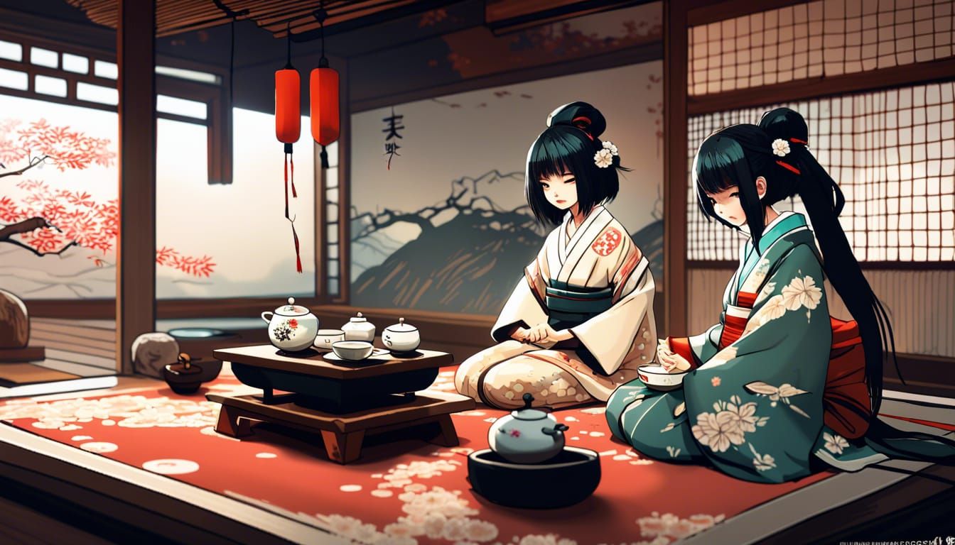Anime Japanese Tea Ceremony in Digital Art Style