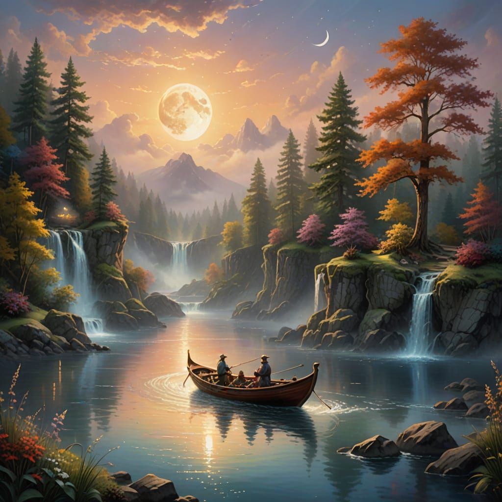Whimsical Crescent Moonlit River Scene in Thomas Kinkade Sty...