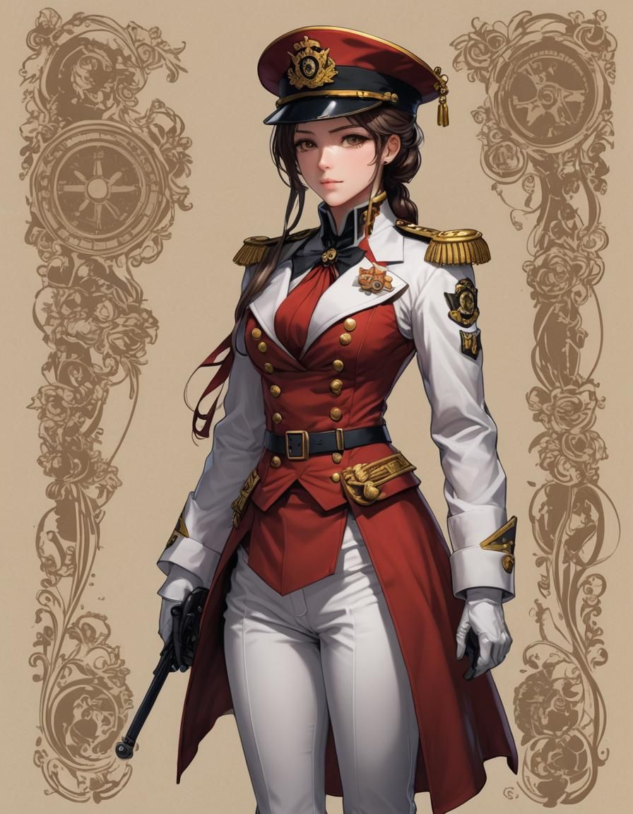 Neo-Victorian Anime Naval Officer in Red Uniform