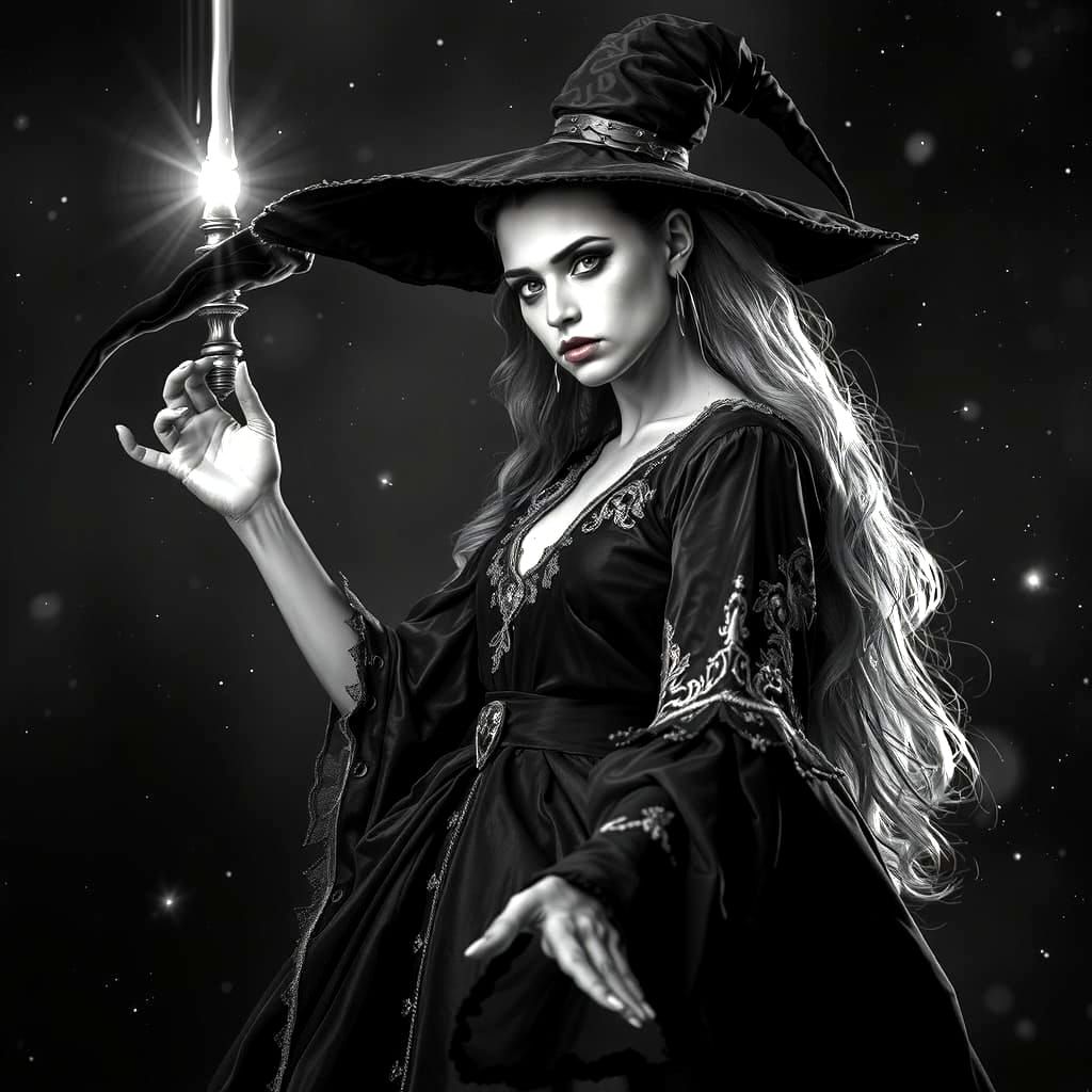 Ethereal Fantasy Charcoal Drawing of a Sinister Witch