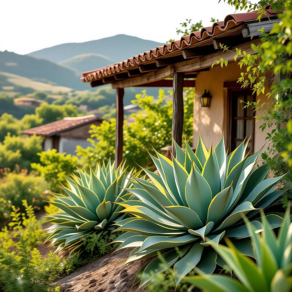 Close-Up Agave Leaves and Hut: Realistic Low-Angle Photo