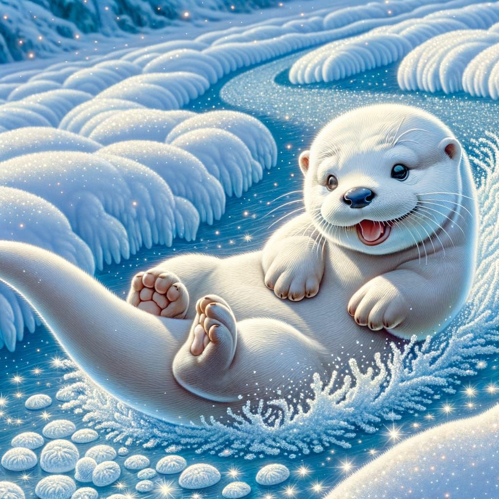 White Otter Gliding on Snowy Ice Trail