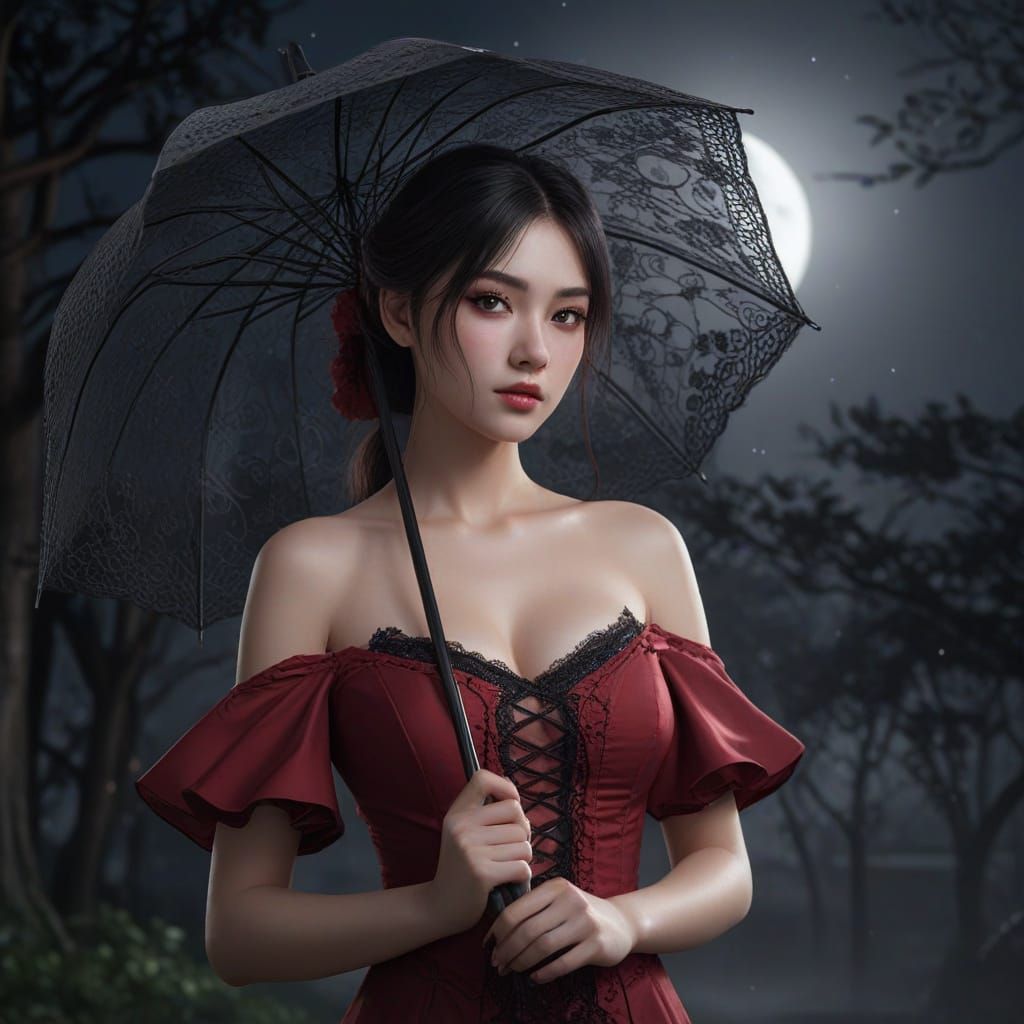 Anime Girl in Crimson Dress Under Moonlight
