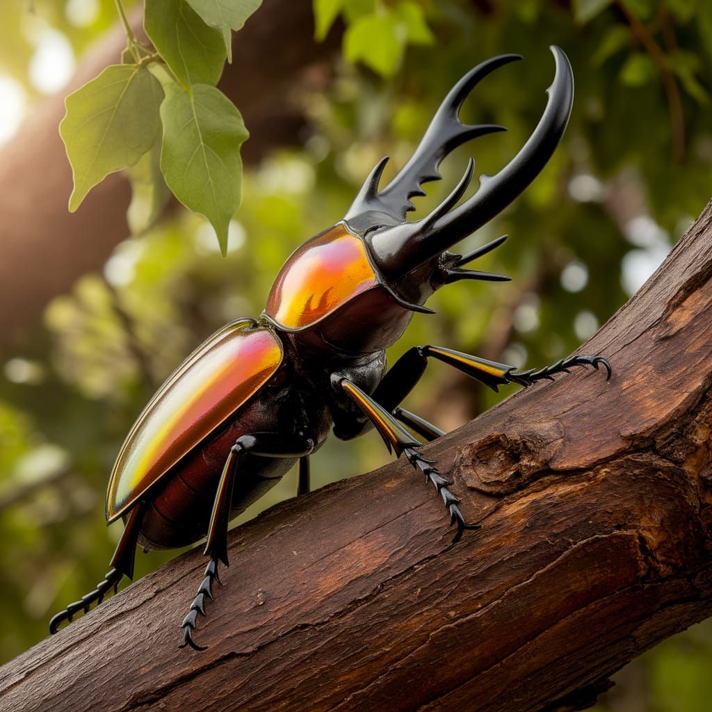 Regal Stag Beetle on Tree Branch in Golden Light