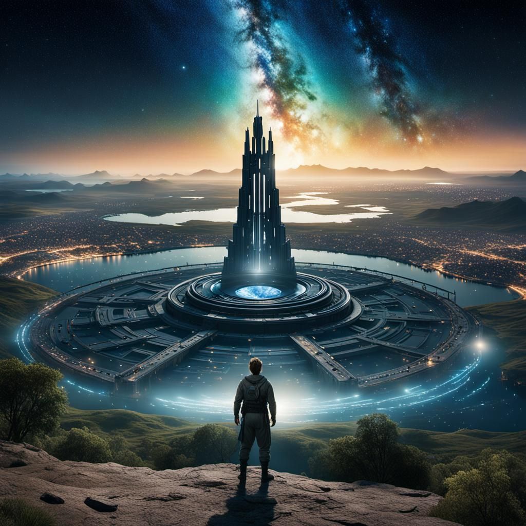 Stargate SG1 Overlooking Vibrant City and Galaxy