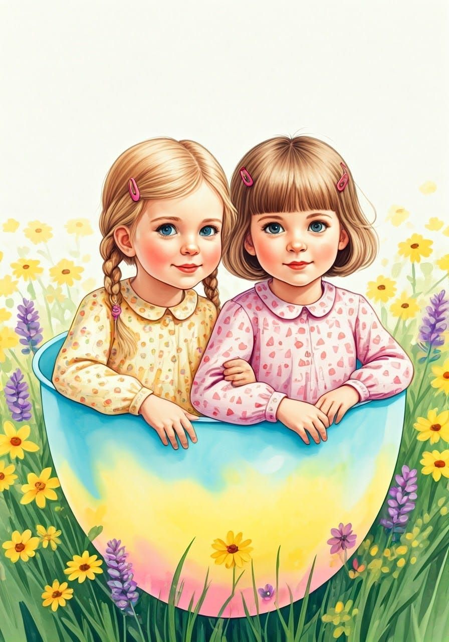 Two Girls in Balloon with Watercolor Flowers