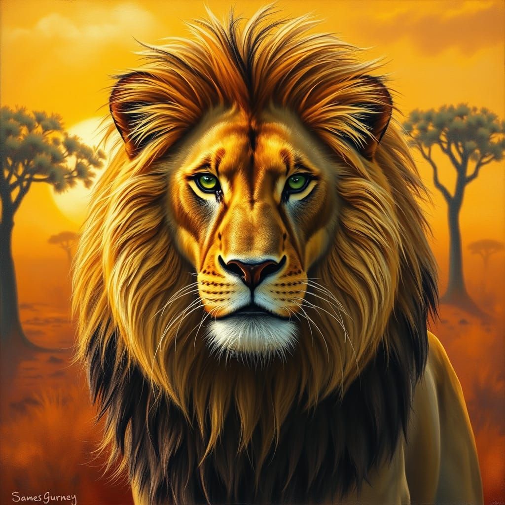 Majestic Lion in Sun-Drenched Savannah as Impasto Painting