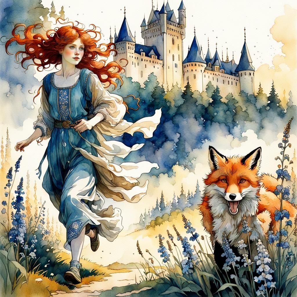 Woman and Fox Kit in Art Nouveau Watercolor