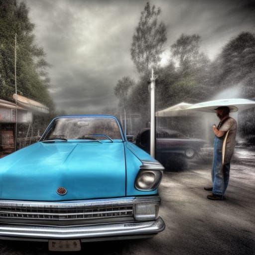 Hyperrealistic Car Wash Scene Featuring Two Workers