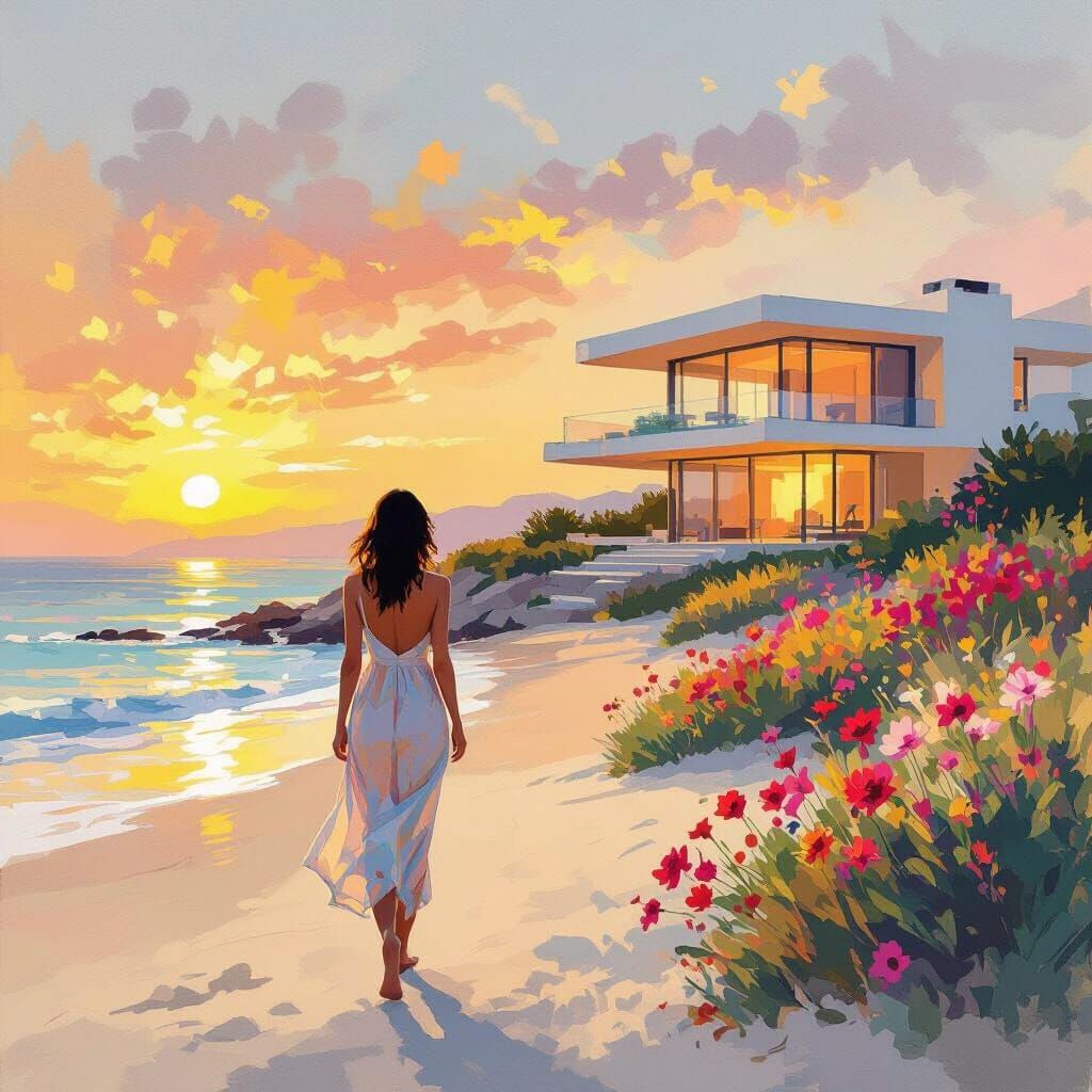 Woman on Beach at Sunset in Impressionistic Style