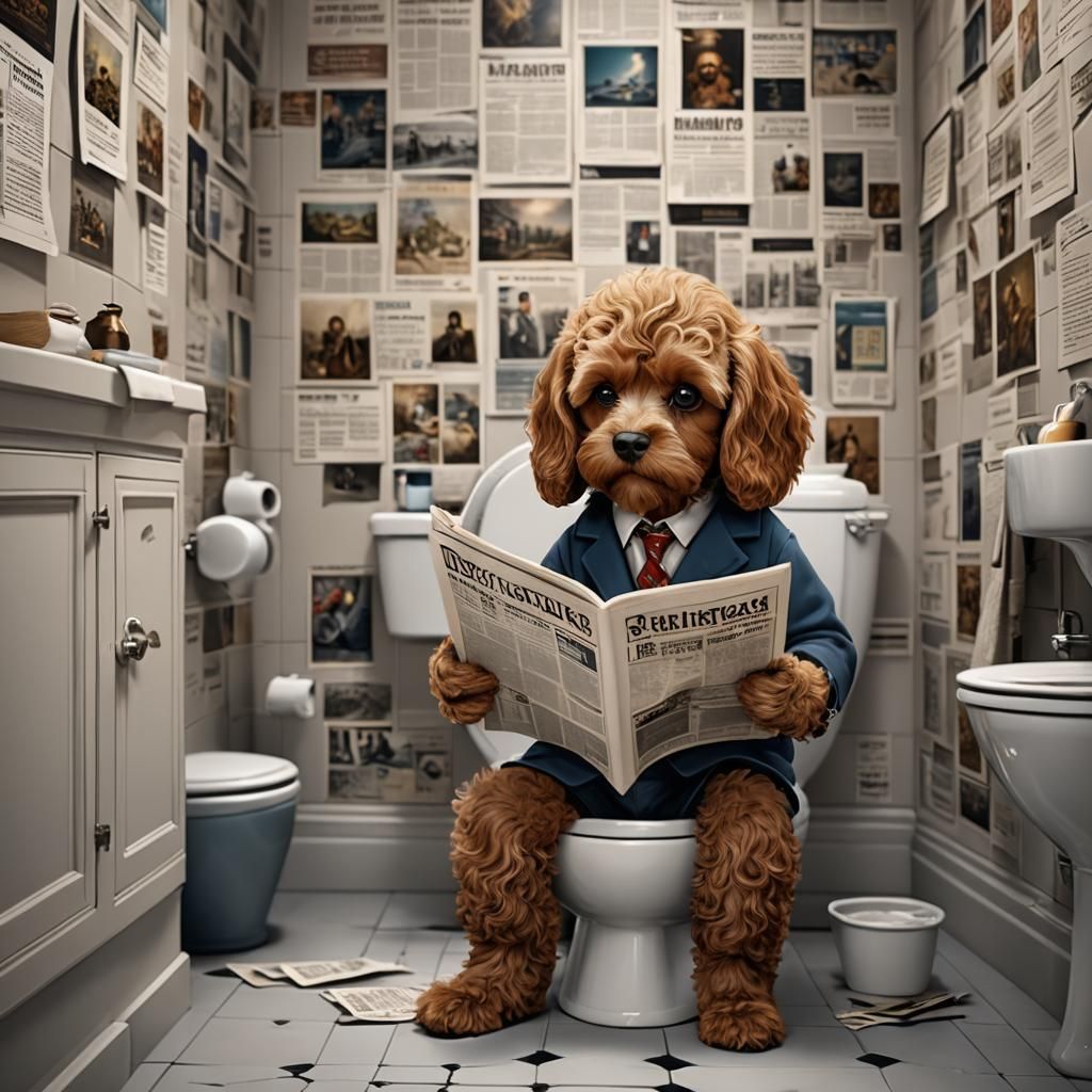 Cavapoo Reads Newspaper in Downstairs Loo