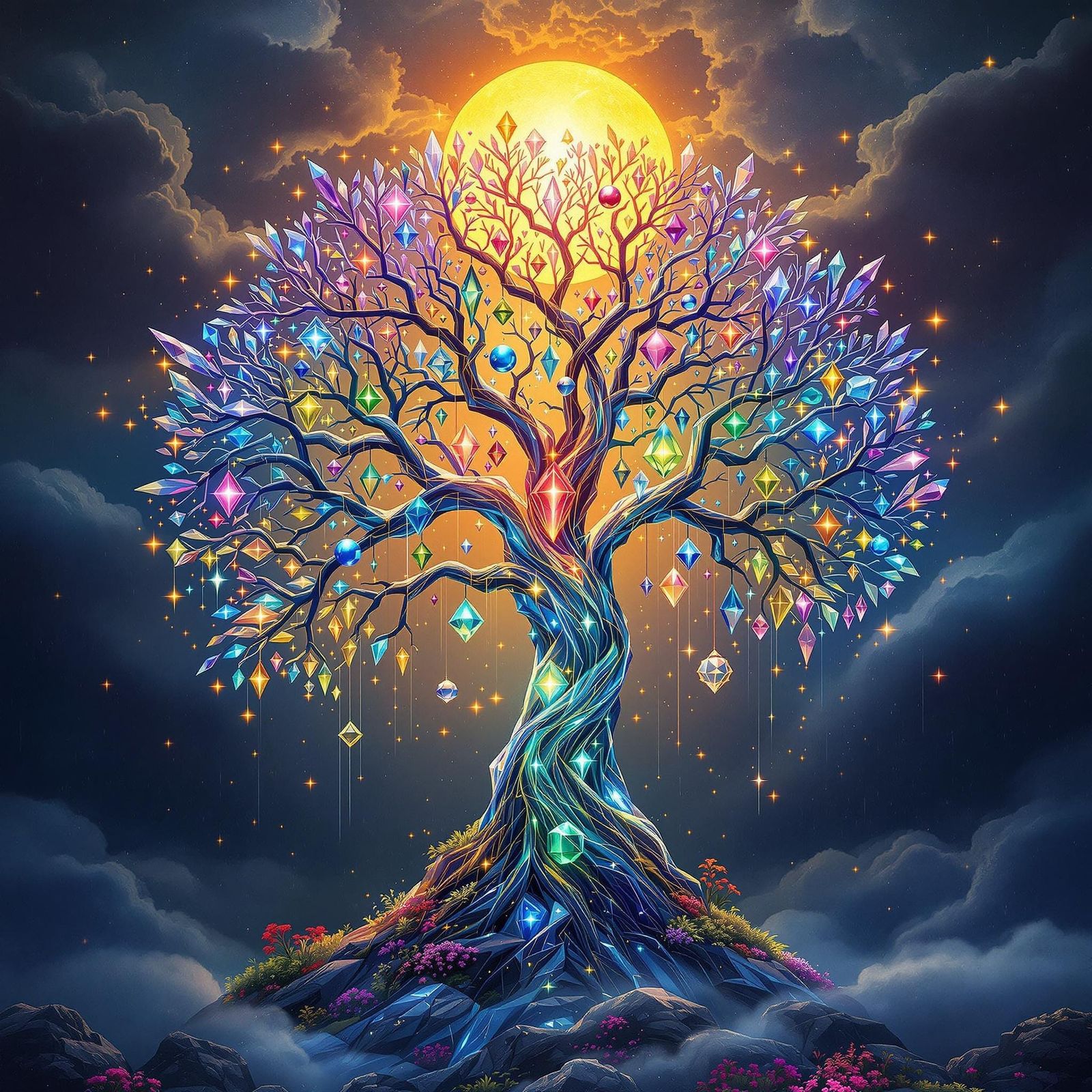 Crystal Tree with Geometric Shapes in Holographic Style