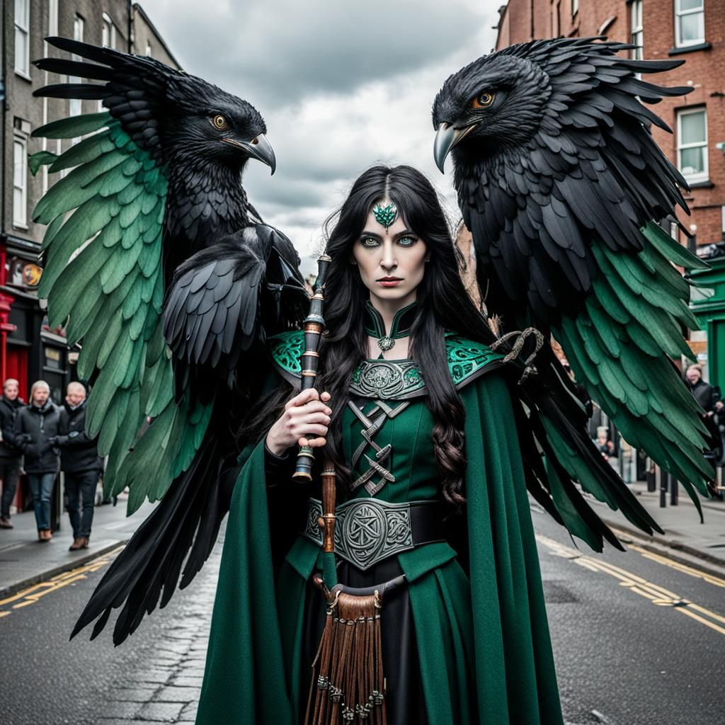Celtic Goddess Morrigan Plays Bagpipes in Dublin