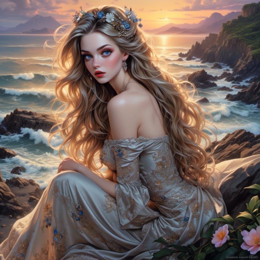 Ocean Twilight Beauty in Nouveau Art Style