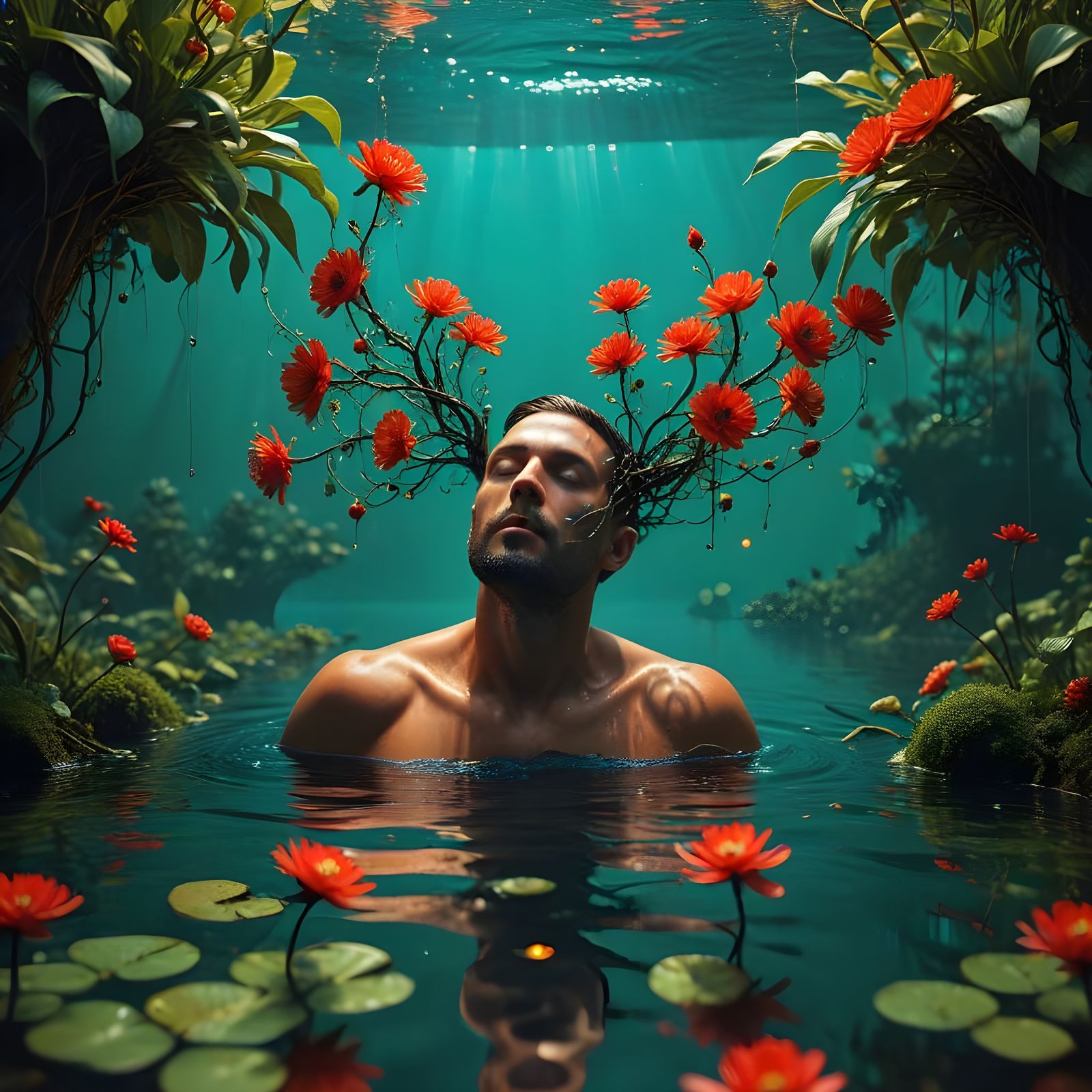 Vibrant Water Plant Blooms with Eggs in Cyberpunk Style
