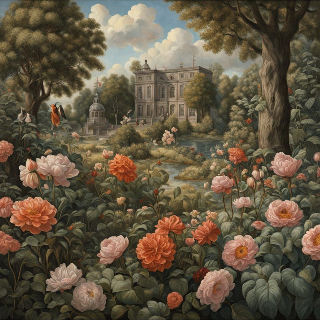 Vibrant Summer Garden Oil Painting in Golden Hour Light